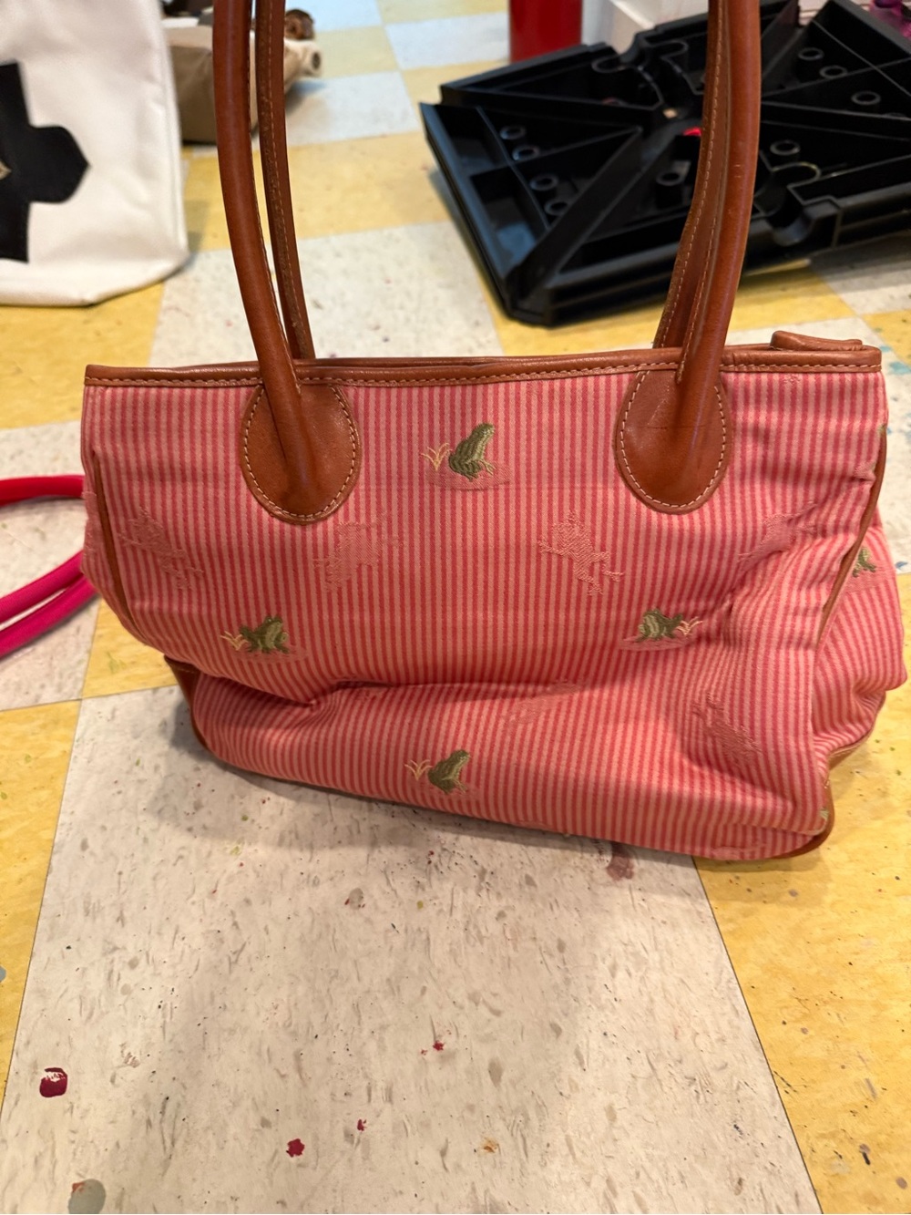 Pink Striped Embroidered Tote with Brown Handles